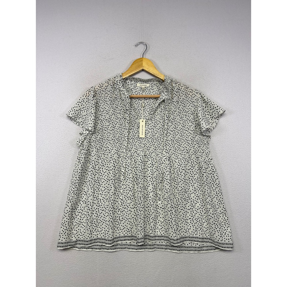 Boho Polka Dot Max Studio Womens Small White Black Pleated Flutter Sleeve Blouse